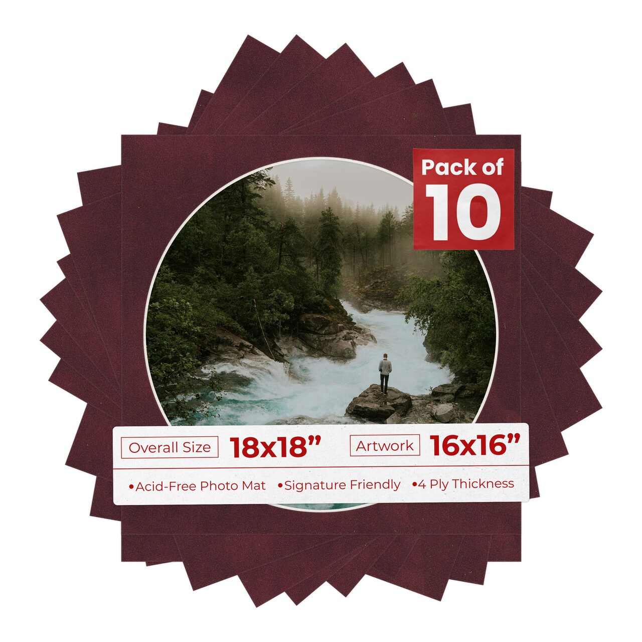 Dark Red Suede Mat Board for 18x18 Frames - Circle Opening for 16x16 Photos